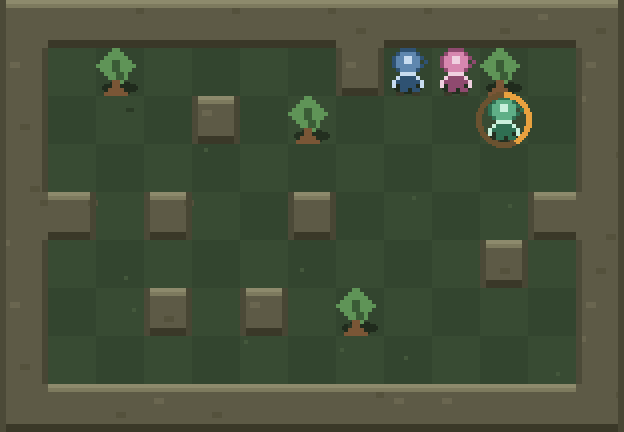 A green clearing with four trees, boulders, and three players. One stands beside a tree with an amber ring part way round them, showing the cut in progress.